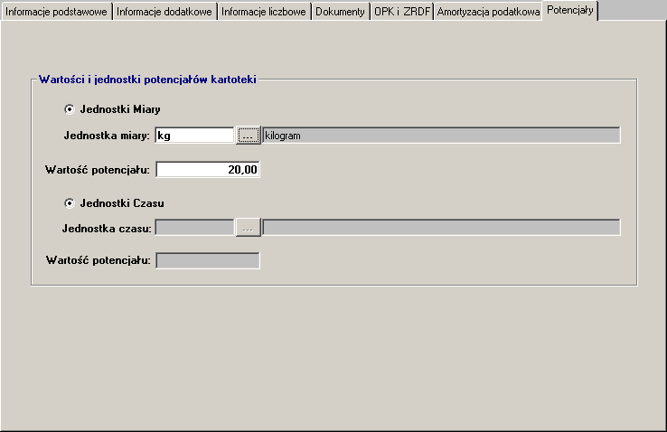 Potencjały: Zakładka ta aktywna jest tylko wtedy, gdy zaznaczone zostanie pole Eksportuj potencjały do WPM na pierwszej zakładce Informacje podstawowe.