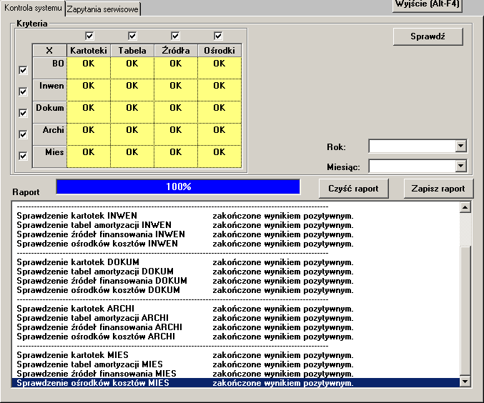 Aby wykonać poprawnie kontrolę systemu należy w sekcji Kryteria, określić właściwe tabele oraz opcje tabel, które mają być sprawdzane ('X') za pomocą pól wyboru.