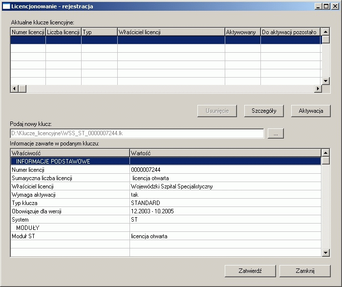 Informacje wyświetlane dla wczytanej licencji Po wstępnej weryfikacji można zaakceptować