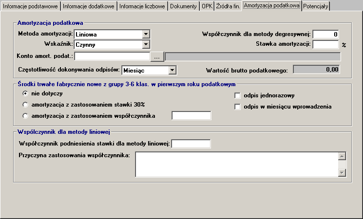 Amortyzacja podatkowa: Zakładka zawiera dane związane z ewidencją amortyzacji podatkowej i umożliwia prowadzenie amortyzacji gdy występuje różnica między amortyzacją podatkową i bilansową.