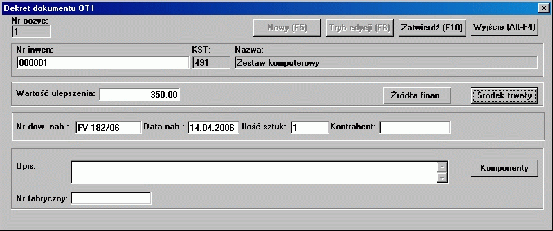 5.3.1.3.1.2 Dokument OT1 - Ulepszenie środka trwałego Dokument OT1 służy do przeprowadzania ulepszeń istniejących kartotek.