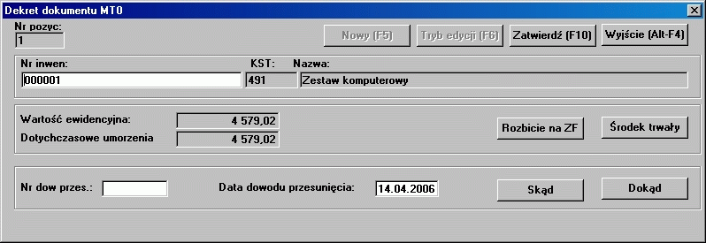 Kontrahent identyfikator kontrahenta, któremu odsprzedawany jest środek trwały lub jego część; identyfikator można wpisać ręcznie lub wybrać ze słownika kontrahentów uruchamianego na tym polu