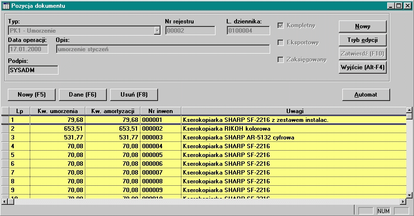 W dolnej części okna w tabeli wypisywane są kolejne stworzone pozycje dokumentu PK1.