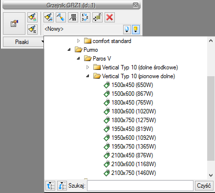 Rys. 5. Okno modyfikacji grzejnika z otwartą biblioteką typów W każdym z tych okien jest dostęp do bibliotek danego elementu np. grzejnika. Podczas rysowania połączeń obiektów instalacji projektant może śledzić budowę instalacji w oknie widoku 3D.