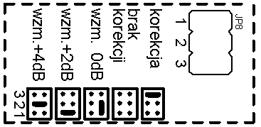 JP6, JP7 impedancja wyjściowa (odpowiednio dla WY1, WY2) ustawiana na 100Ω, 124Ω lub 136Ω w zależności od zastosowanego przewodu (100Ω odpowiada impedancji skrętki UTP, dla innych przewodów należy