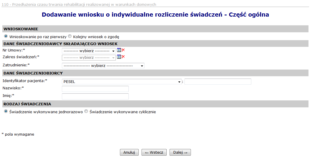 Rys. 11.18 Dodawanie wniosku o indywidualne rozliczenie świadczeń Uzasadnienie Ostatnim etapem jest karta podsumowania wszystkich wprowadzonych przez operatora danych, które należy zatwierdzić.