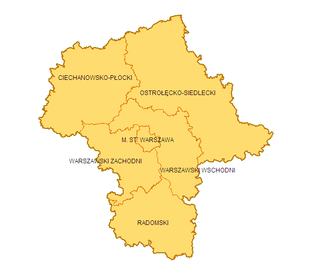 Subregiony województwa mazowieckiego: o M. St. Warszawa, o warszawski zachodni, o ciechanowsko-płocki, o ostrołęcko-siedlecki, o warszawski wschodni, o radomski.