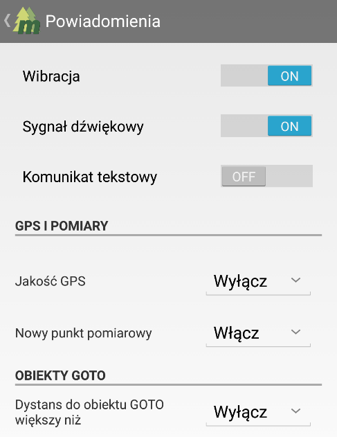 Powiadomienia Za pomocą opcji dostępnych w oknie ustawień Powiadomienia możliwe jest ustawienie czy urządzenie ma wibrować i emitować sygnał dźwiękowy podczas zapisywania punktu pomiaru oraz czy ma