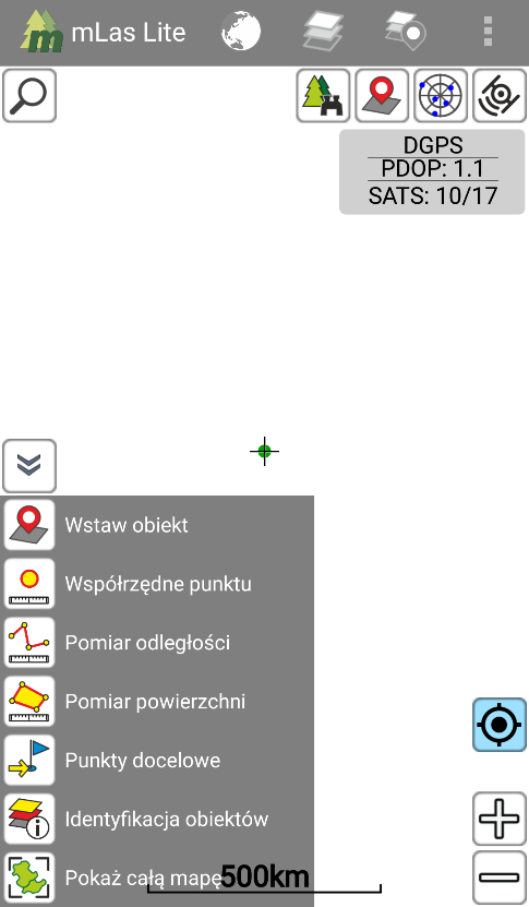 Narzędzia górnej belki aplikacji: Wyświetla ogólne informacje o programie. Przycisk Mapy umożliwia wybranie jednej z dziewięciu map tematycznych.