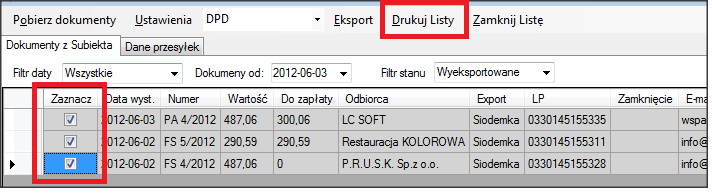 1. Zaznaczyć dokumenty z uzupełnionym numerem listu za pomocą checkboxa w kolumnie Zaznacz 2. Kliknąć na przycisk Drukuj listy w oknie głównym aplikacji.