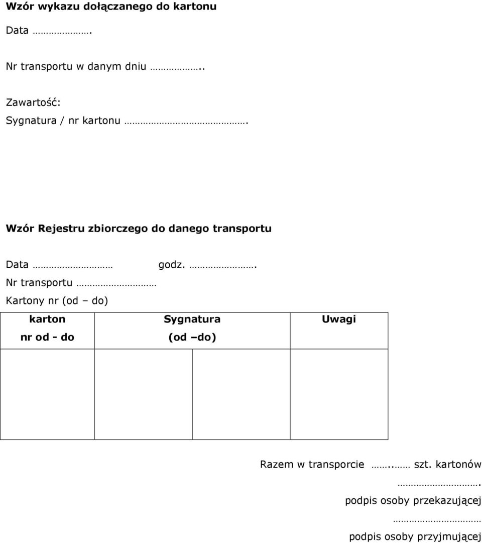 Wzór Rejestru zbiorczego do danego transportu Data godz.