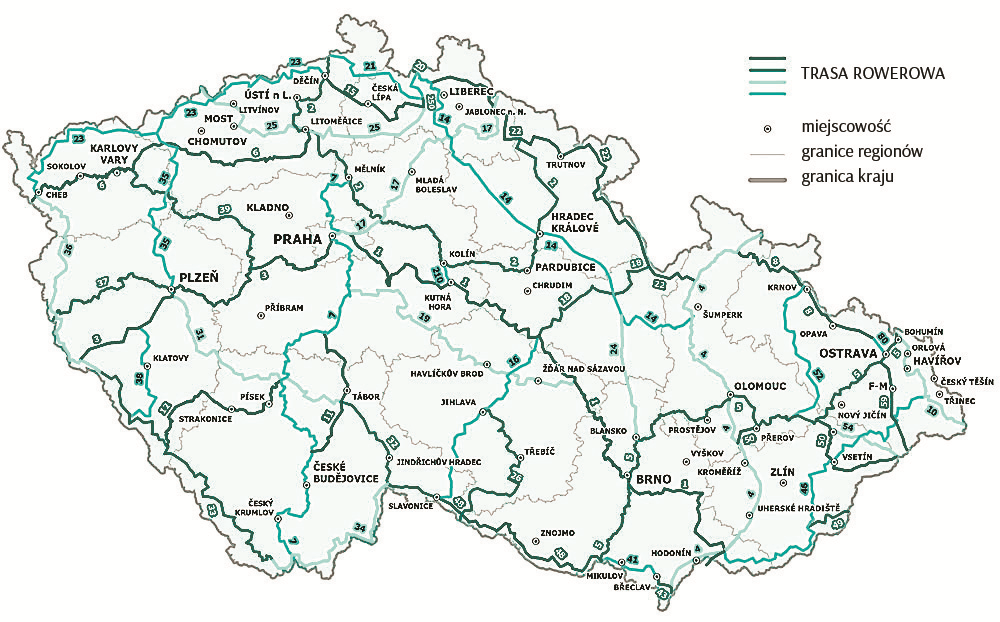 części prowadzi często wzdłuż dróg samochodowych (40%) lub ścieżek leśnych i polnych (20%). Za budowę dróg dla rowerów odpowiadają w Czechach poszczególne gminy.