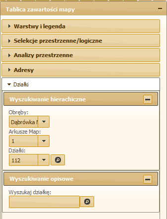 Analogicznie należy postąpić w przypadku wyszukiwania działek. W Tablicy zawartości mapy należy przejść na zakładkę Działki.