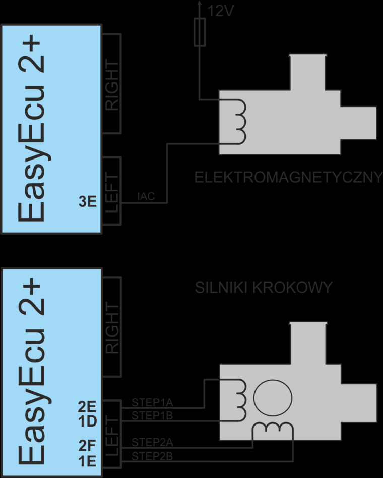 PODŁĄCZENIE ZAWÓR WOLNYCH OBROTÓW Sterownik obsługuję regulację obrotów biegu jałowego wykorzystując do tego celu elektromagnetyczny zawór wolnych obrotów lub zawór wyposażony w silnik krokowy.