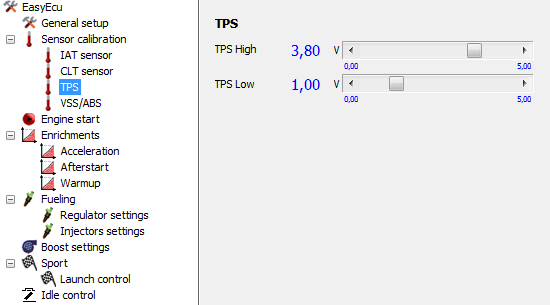 KONFIGURACJA PARAMETRÓW SENSOR CALIBRATION TPS TPS high napięcie na potencjometrze przepustnicy przy pełnym otwarciu. TPS low napięcie na potencjometrze przepustnicy kiedy przepustnica jest zamknięta.