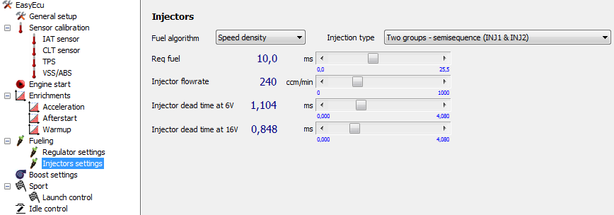 KONFIGURACJA PARAMETRÓW FUELING INJECTORS SETTINGS Fuel algorithm określa algorytm obliczania dawki paliwa.