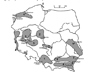 3 Podaj nazwy surowców energetycznych występujących na poszczególnych obszarach oznaczonych na mapie cyframi od 1. do 4. 1.... 2.... 3.... 4.... Zadanie 8.