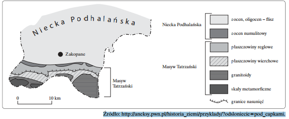 19 A. Powstanie grubej serii różnych osadów morskich. B. Wkroczenie lodowca i depozycja glin zwałowych. C. Przykrycie powierzchni erozyjnej przez zlepieńce. D. Sfałdowanie i wypiętrzenie skał. E.