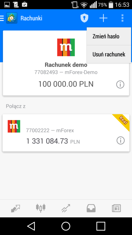 2.1.2 Rachunki Jeśli masz więcej niż jeden rachunek i chcesz zalogować się na inny niż ten, na którym jesteś zalogowany albo chcesz założyć dodatkowy rachunek demo należy otworzyć menu kontekstowe