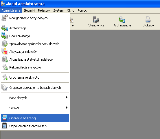 Wybrać opcję Administracja Operacje na licencji: 4.