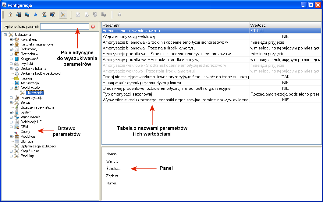 Okno konfiguracji składa się z pięciu podstawowych części: Drzewa parametrów z lewej strony wyświetla się struktura drzewa parametrów, w której możemy dokonywać zmian.