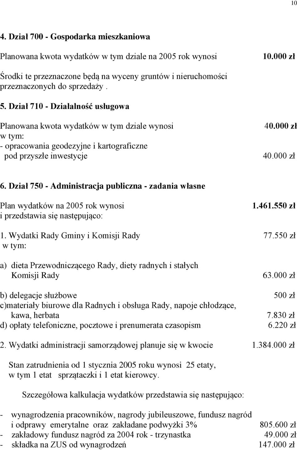 Dział 750 - Administracja publiczna - zadania własne Plan wydatków na 2005 rok wynosi i przedstawia się następująco: 1.461.550 zł 1. Wydatki Rady Gminy i Komisji Rady 77.