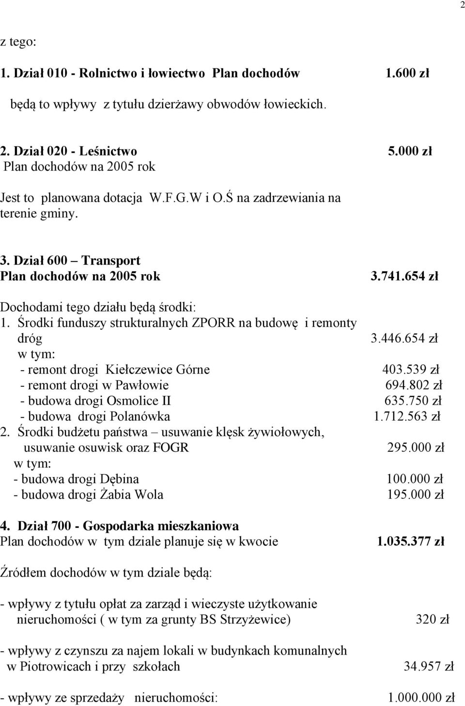 654 zł Dochodami tego działu będą środki: 1. Środki funduszy strukturalnych ZPORR na budowę i remonty dróg 3.446.654 zł w tym: - remont drogi Kiełczewice Górne 403.