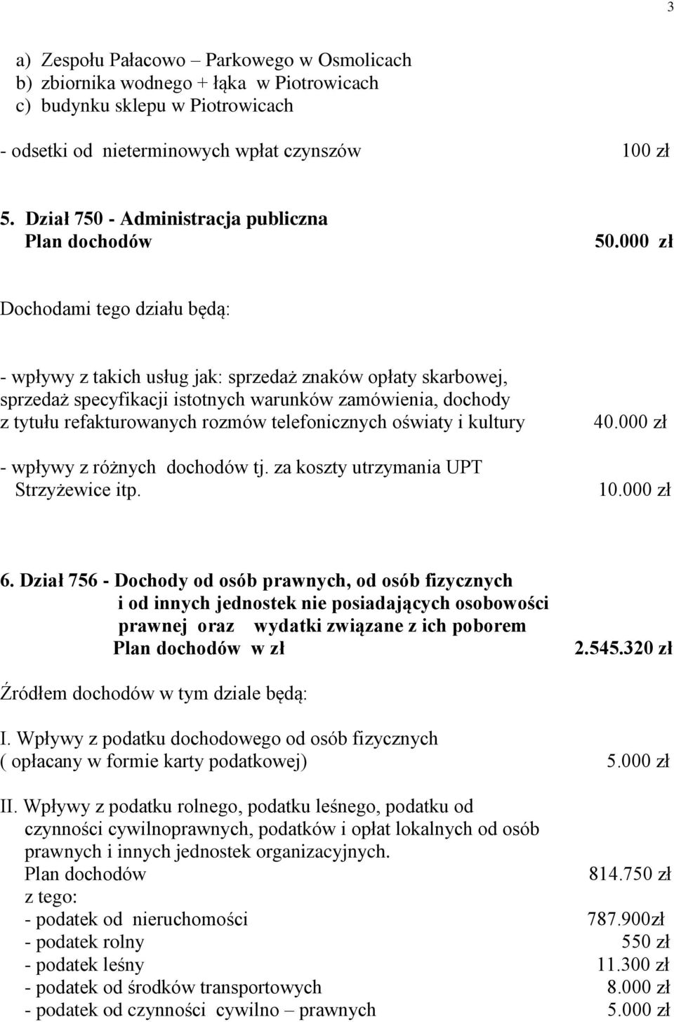 000 zł Dochodami tego działu będą: - wpływy z takich usług jak: sprzedaż znaków opłaty skarbowej, sprzedaż specyfikacji istotnych warunków zamówienia, dochody z tytułu refakturowanych rozmów