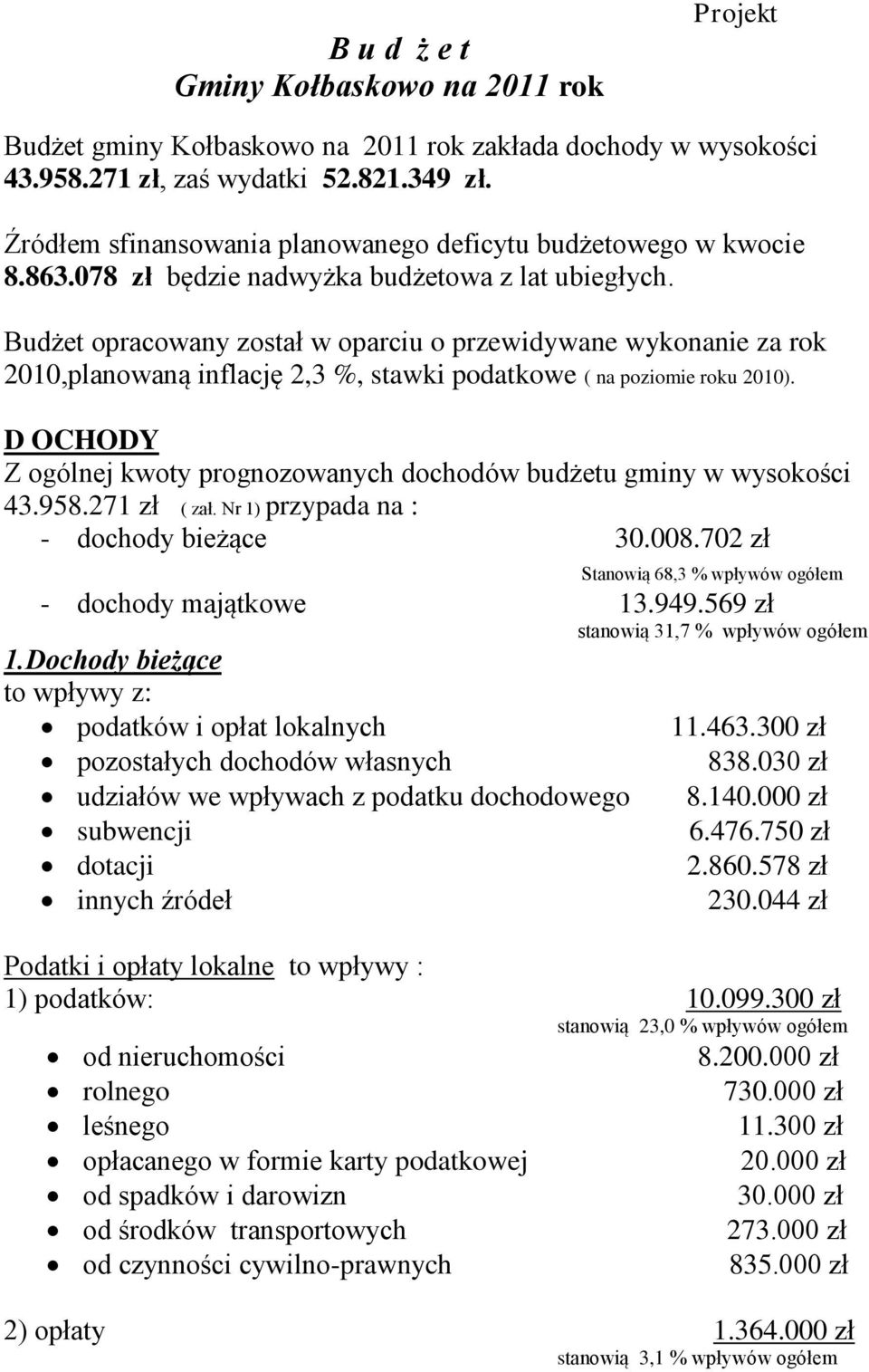 Budżet opracowany został w oparciu o przewidywane wykonanie za rok 2010,planowaną inflację 2,3 %, stawki podatkowe ( na poziomie roku 2010).