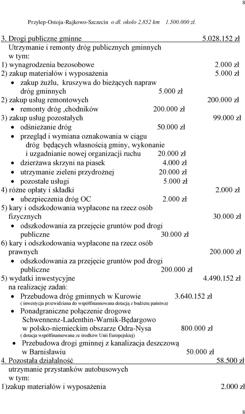 000 zł 3) zakup usług pozostałych 99.000 zł odśnieżanie dróg 50.000 zł przegląd i wymiana oznakowania w ciągu dróg będących własnością gminy, wykonanie i uzgadnianie nowej organizacji ruchu 20.