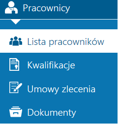 7 Pracownicy w menu Pracownicy zostały zgrupowane opcje dotyczące wyświetlania list pracowników, kwalifikacji, umów zleceń oraz dokumentów podwładnych pracowników.