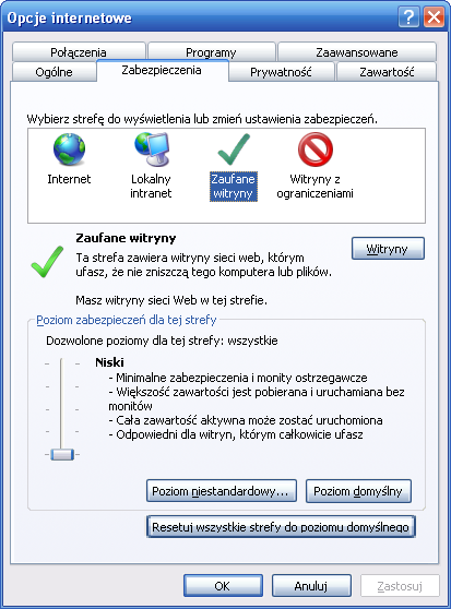 Konfiguracja przeglądarki Internet Explorer dla systemów WINDOWS Vista/7 W przypadku systemu operacyjnego Windows Vista/7 dla przeglądarki Internet Explorer należy dodać do zaufanych witryn