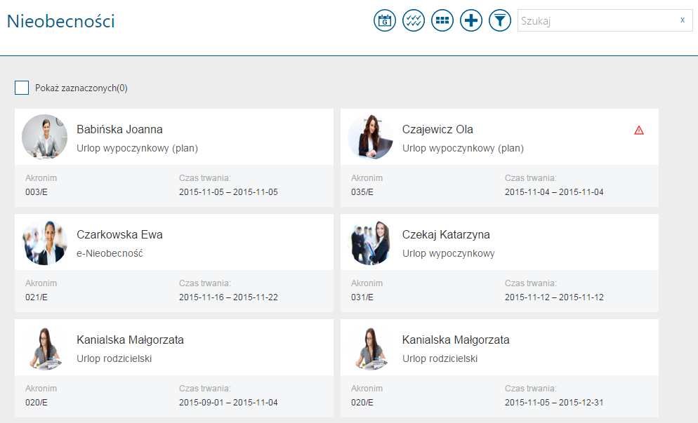 11.2 Nieobecności Lista nieobecności pozwala na wyświetlenie pracowników nieobecnych w podanym okresie.