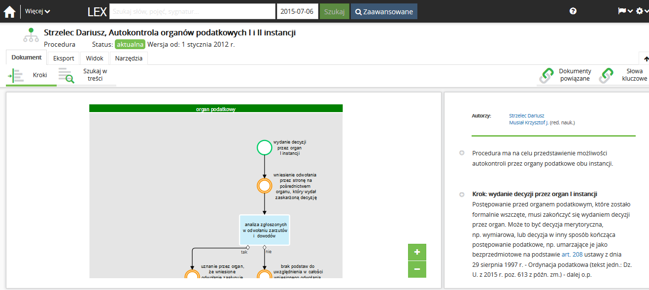 7. Procedury Procedura jest interaktywnym diagramem obrazującym wycinek procedury prawnej, którego poszczególne kroki opatrzono wskazówkami praktyków, wykładnią i piśmiennictwem.