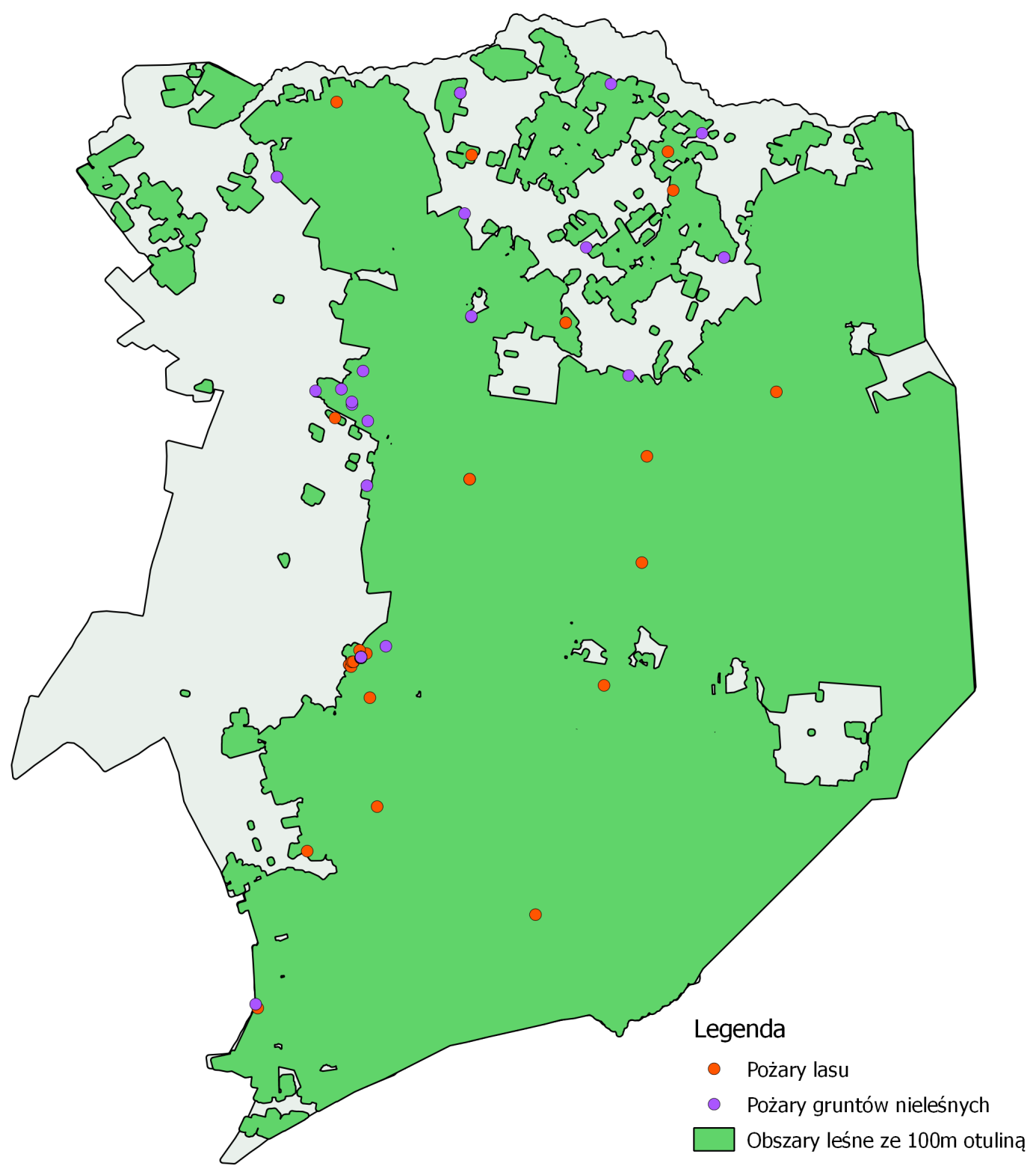 2015 2 4 6 2,18 0,05 2,23 Łącznie 11 28 41 1 81 3,94 17,97 9,94 6,81 38,66 Rysunek 4 Rozkład przestrzenny pożarów lasu oraz gruntów rolniczych na terenie Nadleśnictw Białowieża, Browsk i Hajnówka