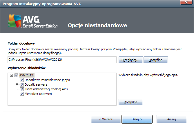 3.4. Instalacja niestandardowa opcje niestandardowe Okno Folder docelowy pozwala określić lokalizację dla plików systemu AVG.