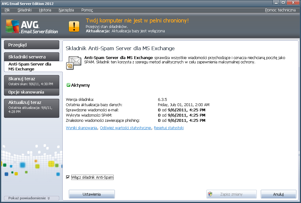 7. Konfiguracja składnika Anti-Spam 7.1. Interfejs składnika Anti-Spam Okno dialogowe składnika Anti-Spam Servermożna znaleźć w sekcji Składniki serwera (menu po lewej stronie).