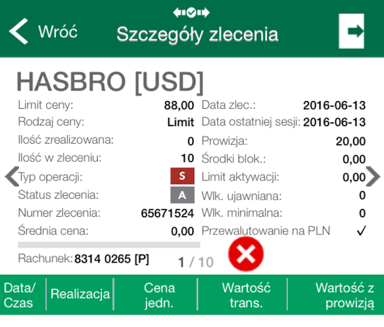 Na ekranie Szczegóły zlecenia prezentowany jest dodatkowy wiersz Przewalutowanie na PLN z ikoną znaku wyboru bądź braku wyboru - w zależności czy opcja ta została wybrana w momencie