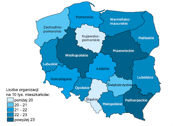 Liczba aktywnie działających organizacji pozarządowych w woj. opolskim wynosi ok. 2 300, w tym w obszarze pomocy i integracji społecznej działa około 500. W 2012 r. w Polsce działało 83,5 tys.