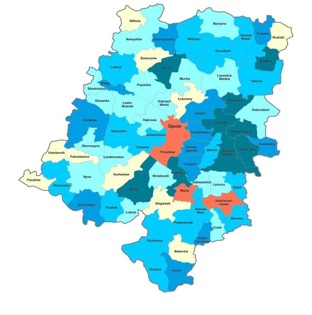 Mapa 1. Udział liczby osób w wieku poprodukcyjnym (60/65+) do ogółu objętych świadczeniami pomocy społecznej w gminach woj. opolskiego w 2014 r.