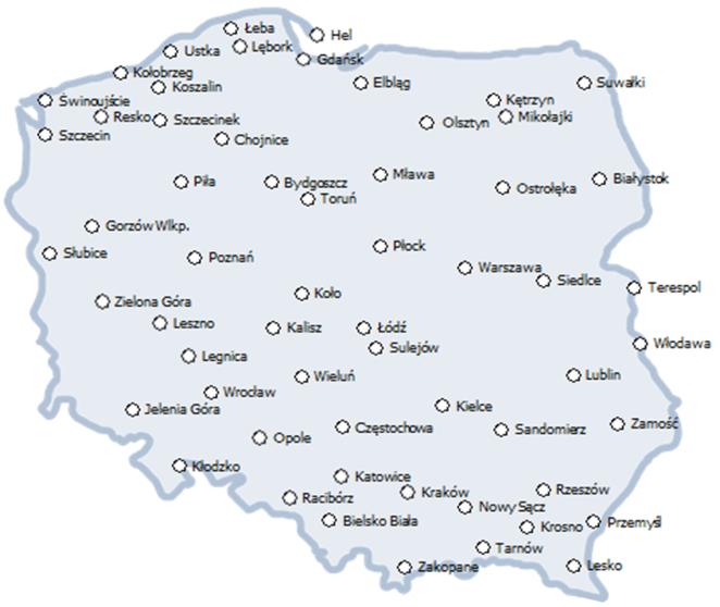 Na każdej kondygnacji znajdują się 4 powtarzalne mieszkania (rys. 1). Budynek w trzech wariantach energetycznych lokalizowano w 58 miastach w Polsce, o różnych warunkach klimatycznych (rys.