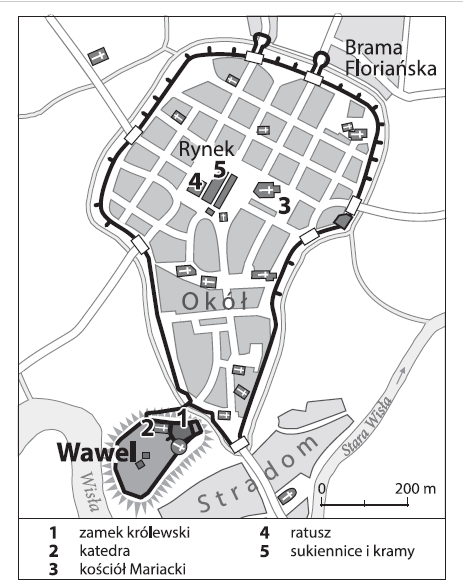 Mapa do zadania 28. Zadanie 28.Która informacja nie świadczy o tym, że Kraków był miastem lokowanym na prawie niemieckim? ( 0-1p.) A. Ulice przecinają się pod kątem prostym, tworząc regularną siatkę.