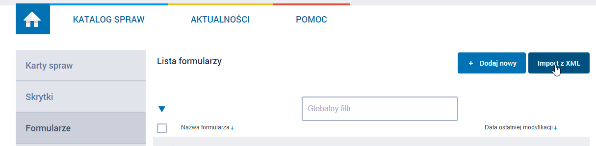 Następnie należy kliknąć przycisk Import z XML : W oknie, które się pojawi, należy kliknąć