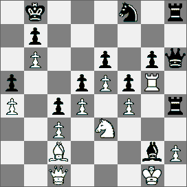 9.Obrona francuska [C05] IM Kupper (Szwajcaria) GM Petrosjan (ZSRR) 1.e4 e6 2.d4 d5 3.Sd2 Sf6 4.e5 Sfd7 5.c3 c5 6.f4 Sc6 7.Sdf3 c4 8.g4 h5 9.gh5 Sb6 10.Se2 Wh5 11.Sg3 Wh8 12.b4 Gd7 13.a4 a5 14.