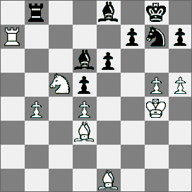 10.Obrona Grünfelda [D94] GM Botwinnik (ZSRR) IM Blau (Szwajcaria) 1.d4 d5 2.c4 c6 3.Sc3 Sf6 4.e3 g6 5.Sf3 Gg7 6.Ge2 0 0 7.0 0 Sbd7 8.cd5 cd5 9.Hb3 e6 10.a4 b6 11.Gd2 Se4 12.Ge1 Gb7 13.a5 a6 14.