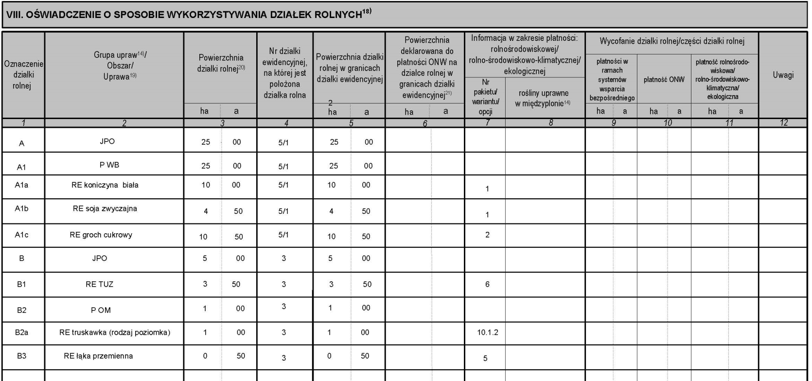 Strona 2 wniosku Strona 3 wniosku Przykład 4. W gospodarstwie realizowane jest zobowiązanie w ramach działania rolno-środowiskowo-klimatycznego (PROW 2014-2020) wariant 2.1. Międzyplony, pakietu 2.