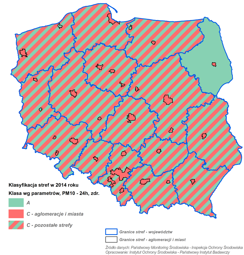 Tabela 3.6.2. Liczba stref dla PM10 zaliczonych do określonych klas dla poszczególnych czasów uśredniania stężeń (klasa wg parametrów, ochrona zdrowia) w poszczególnych województwach w 2014 r.