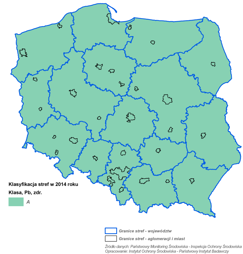 Rys. 3.7.1. Klasyfikacja stref w Polsce dla Pb na podstawie rocznej oceny jakości powietrza za rok 20