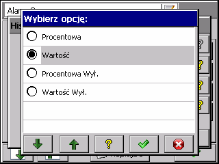 3. Wybór typu alarmu: Min, Max lub Zakres Wł., Zakres Wył Min, Max - alarm jest włączony, gdy wartość sygnału jest poniŝej / powyŝej ustawionej wartości alarmu (Dolny limit, Górny limit). Zakres Wł., Zakres Wył. alarm jest włączony, gdy wartość sygnału jest pomiędzy / poza ustawionymi wartościami alarmowania (Dolny limit, Górny limit) 4.