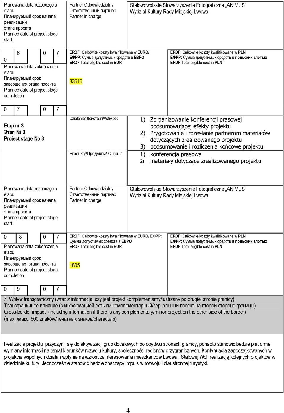 ERDF: Całkowite koszty kwalifikowane w PLN ЕФРР: Сумма допустимых средств в польских злотых ERDF:Total eligible cost in PLN Etap nr 3 Этап 3 Project stage No 3 Działania/ Действия/Activities